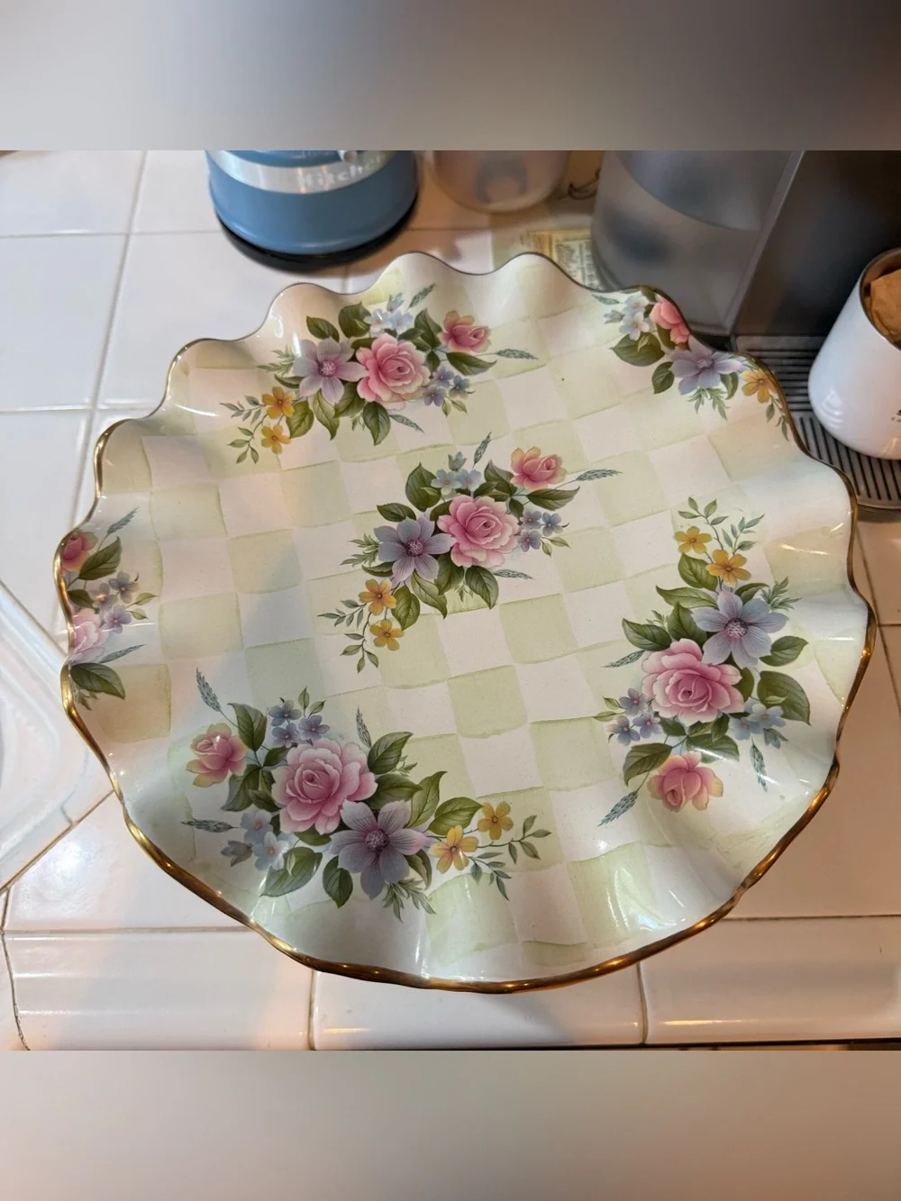 Vintage MacKenzie-Childs Sweet Pea Honeymoon Yellow Check Cake Stand